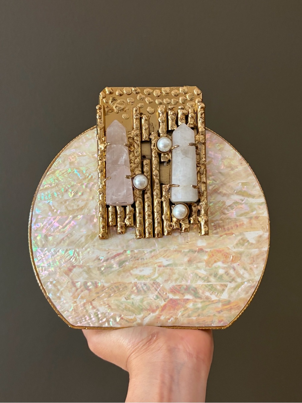 Pearlescent Crystal Clutch in Gold
